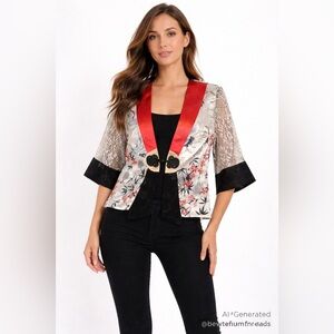 Spencer Alexis S Japanese-Inspired Crane Floral Silk-Blend Cropped Kimono Jacket